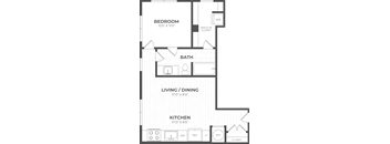 A floor plan of a small apartment with a bedroom, bathroom, living/dining area, and kitchen.