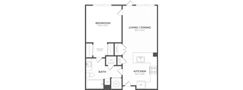 A floor plan of a small apartment with a bedroom, bathroom, kitchen, and living/dining area.