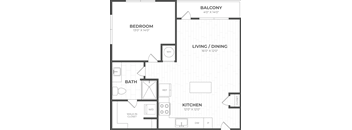 A black and white floor plan of a small apartment with a bedroom, bathroom, living/dining area, kitchen, and walk-in closet.