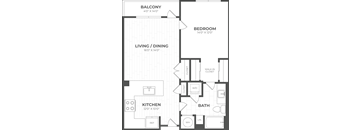 A floor plan of a small apartment with a balcony, kitchen, living/dining area, and bathroom.