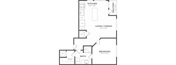 A floor plan of a house showing a kitchen, living room, dining room, bedroom, and bathroom.