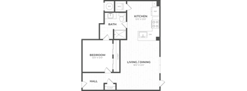 A floor plan of a small apartment with a kitchen, bathroom, bedroom, living/dining area, and hall.