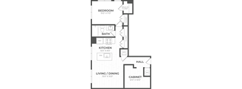 A floor plan of a small apartment with a bedroom, bathroom, kitchen, living/dining area, hallway, and cabinet.