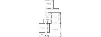 A floor plan of a house with a living room, kitchen, bathroom, bedroom, and storage area.