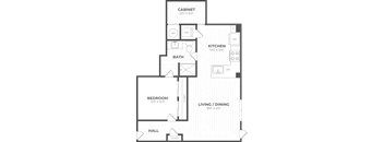 A floor plan of a house with a living room, dining room, kitchen, bathroom, bedroom, and hall.