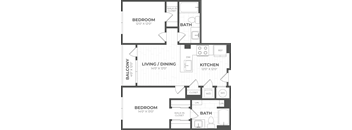 A floor plan of a house with three bedrooms, a living area, a kitchen, a bathroom, a walk-in closet, and a balcony.