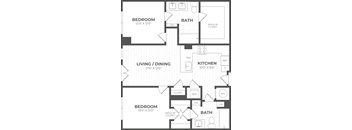 A black and white image of a house floor plan with three bedrooms, a living/dining area, a kitchen, and two bathrooms.
