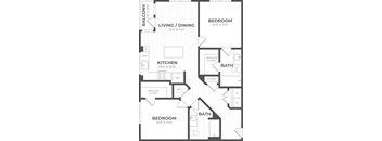 A black and white image of a floor plan for a home with a living room, dining room, kitchen, and two bedrooms.