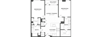 A black and white image of a floor plan for a two-bedroom apartment.