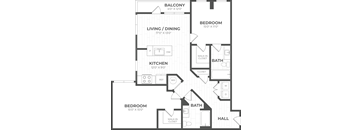 A floor plan of an apartment with a living room, dining room, kitchen, and two bedrooms.