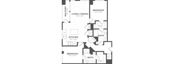 A floor plan of a house with a living room, dining room, kitchen, and two bedrooms.