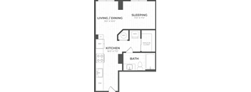 A floor plan of a small apartment with a sleeping area, kitchen, and bathroom.