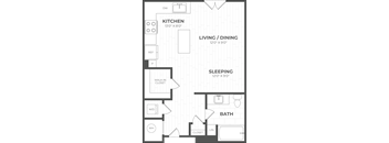A floor plan of a small apartment with a kitchen, living/dining area, sleeping area, bathroom, and closet.