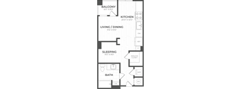 A floor plan of an apartment with a balcony, kitchen, living/dining area, sleeping area, and bathroom.
