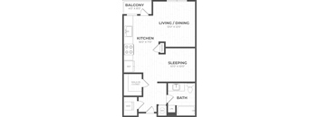 A floor plan of a small apartment with a kitchen, living room, and sleeping area.