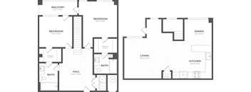 A floor plan of a house with two bedrooms, a living room, a dining room, a kitchen, a bath, and a hall.