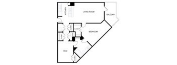 A black and white image of a floor plan for a home with a living room, kitchen, den, and bedroom.