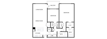 A black and white floor plan of a house with a living room, dining room, kitchen, two bedrooms, a balcony, and three bathrooms.