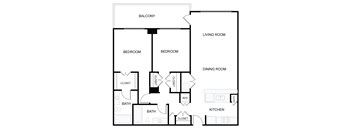 A black and white image of a floor plan for a house with two bedrooms, two bathrooms, a living room, a dining room, a kitchen, a balcony, and closets.