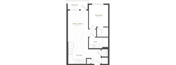 A black and white image of a floor plan for a small apartment.