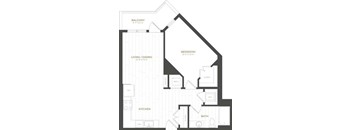 A black and white image of a house floor plan with a balcony, living/dining area, kitchen, bathroom, and bedroom.
