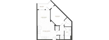 A black and white image of a house floor plan with a balcony, living room, bedroom, kitchen/dining area, bathroom, and closet.