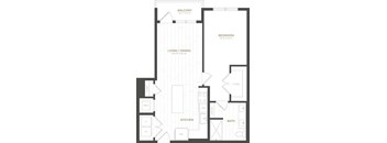 A black and white floor plan of an apartment with a bedroom, living/dining area, kitchen, bathroom, and closet.