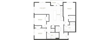 A black and white image of a house floor plan with a living area, kitchen, and four bedrooms.