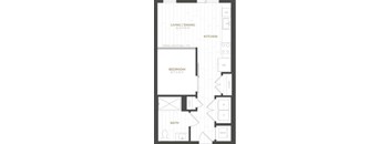 A floor plan of a small apartment with a living/dining area, kitchen, bedroom, and bathroom.