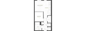 A floor plan of a small apartment with a living/dining area, kitchen, bedroom, and bathroom.