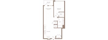 A floor plan of a home with a living area, kitchen, and bathroom.