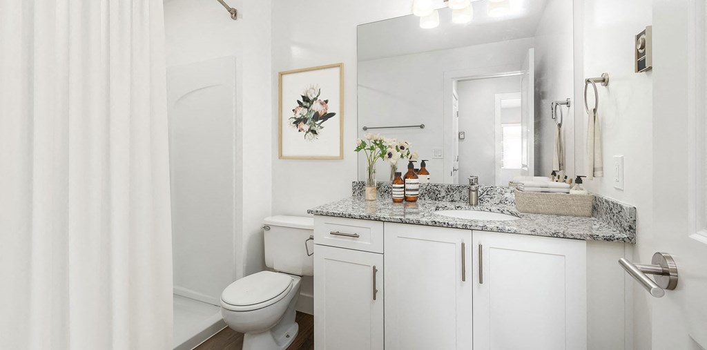 Bathroom with white cabinetry and quartz countertop