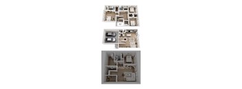 Three floor plans of a house, one of which is unfinished.