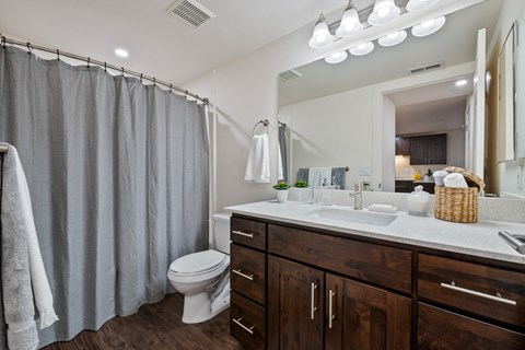 A bathroom with a toilet, sink, and shower curtain.