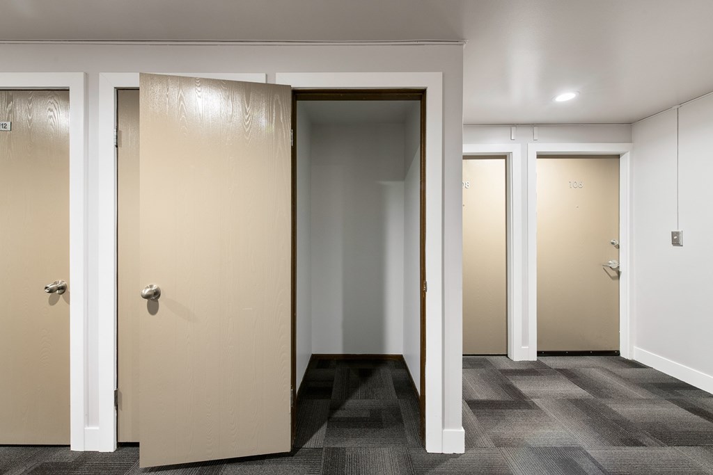 A hallway with three doors on one side and a carpeted floor.