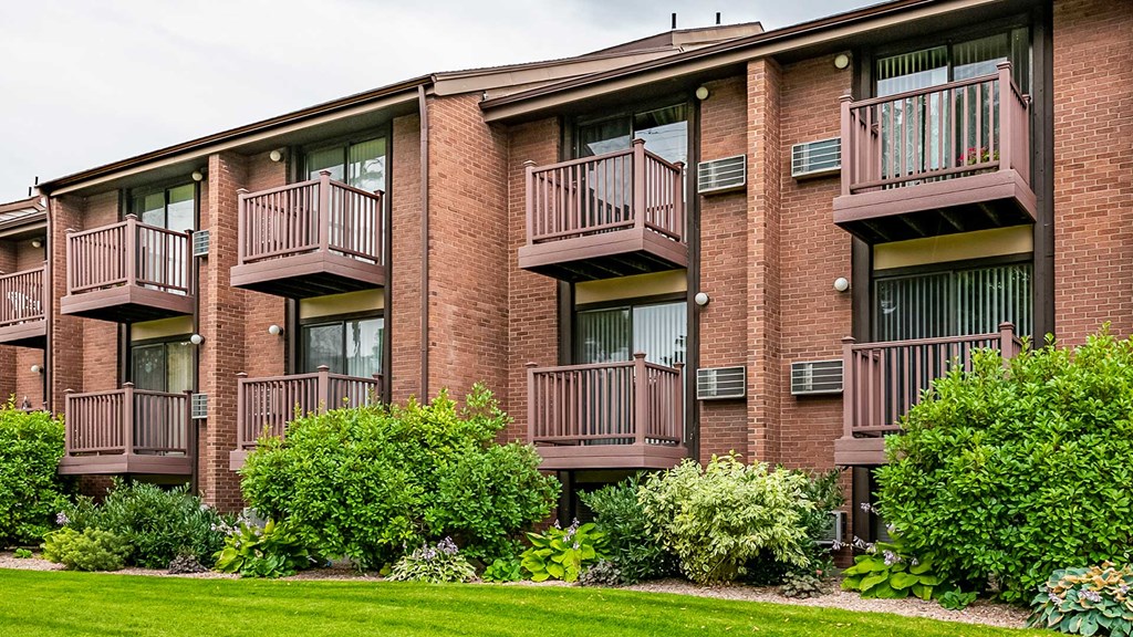 Back exterior view of Garden Apartments showing units with balconies