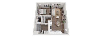 A top-down view of a small apartment with a kitchen, living room, and bathroom.