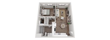A top-down view of a small apartment with a bedroom, living room, and kitchen.