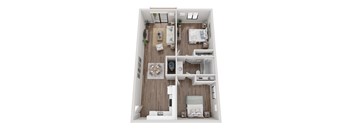 A top-down view of a small, neatly organized apartment with two bedrooms, a living area, and a kitchen.