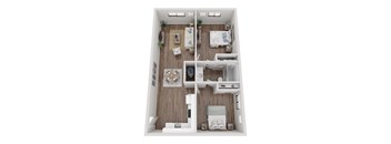 A top-down view of a small apartment with a kitchen, living room, and bedroom.