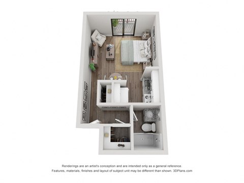 a stylized floor plan of a 1 bedroom floor plan