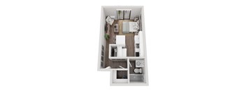 A top-down view of a small, neatly organized apartment.