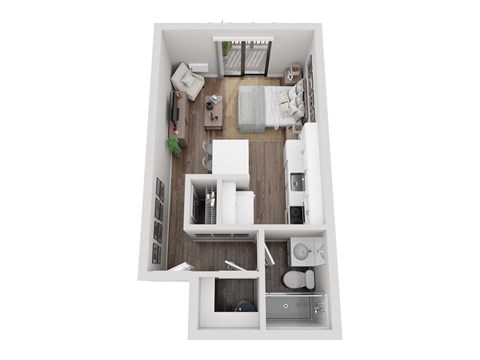 A top-down view of a small, neatly organized apartment.