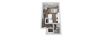 A top-down view of a small, neatly organized apartment.