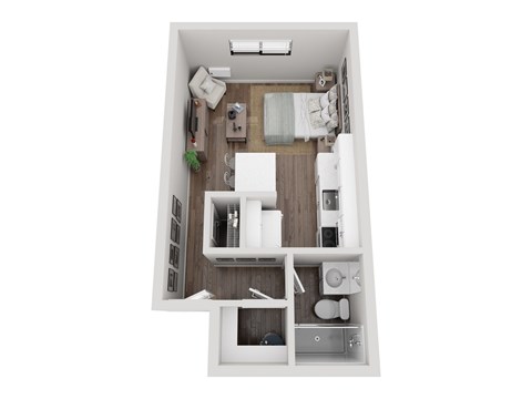 A top-down view of a small, neatly organized apartment.