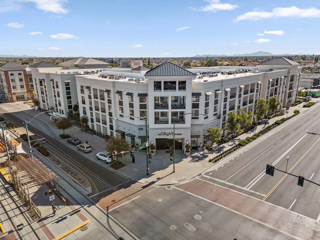an aerial view of an office building and a city street