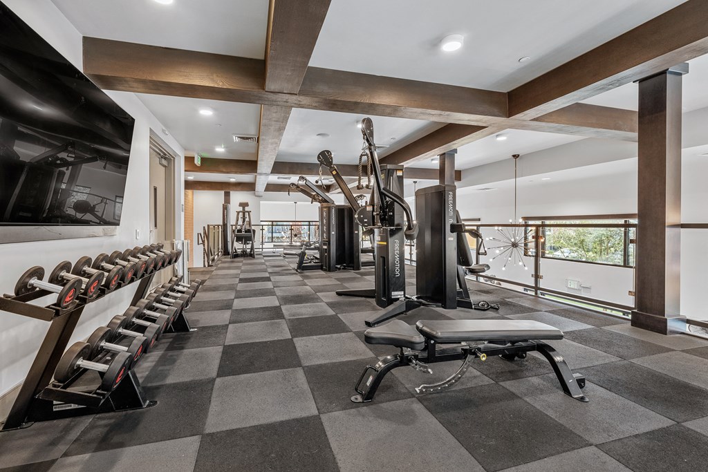 a gym with cardio equipment and weights on a checkered floor