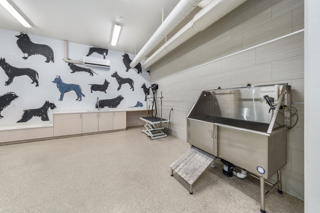 a large room with a sink and a wall with dogs on it