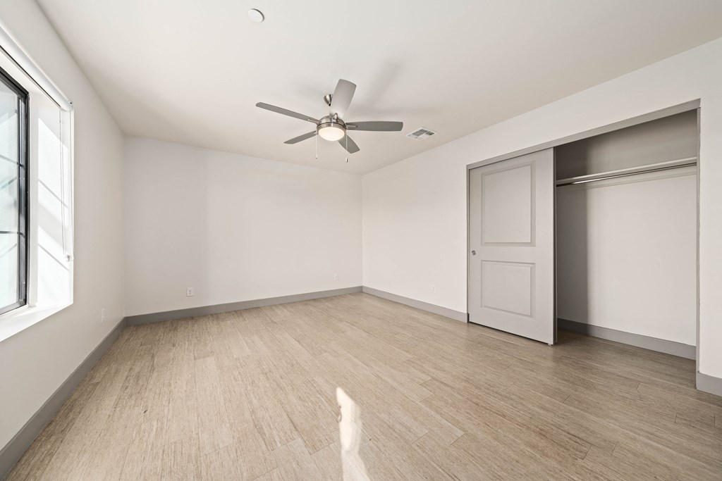 A room with a ceiling fan and a cat.