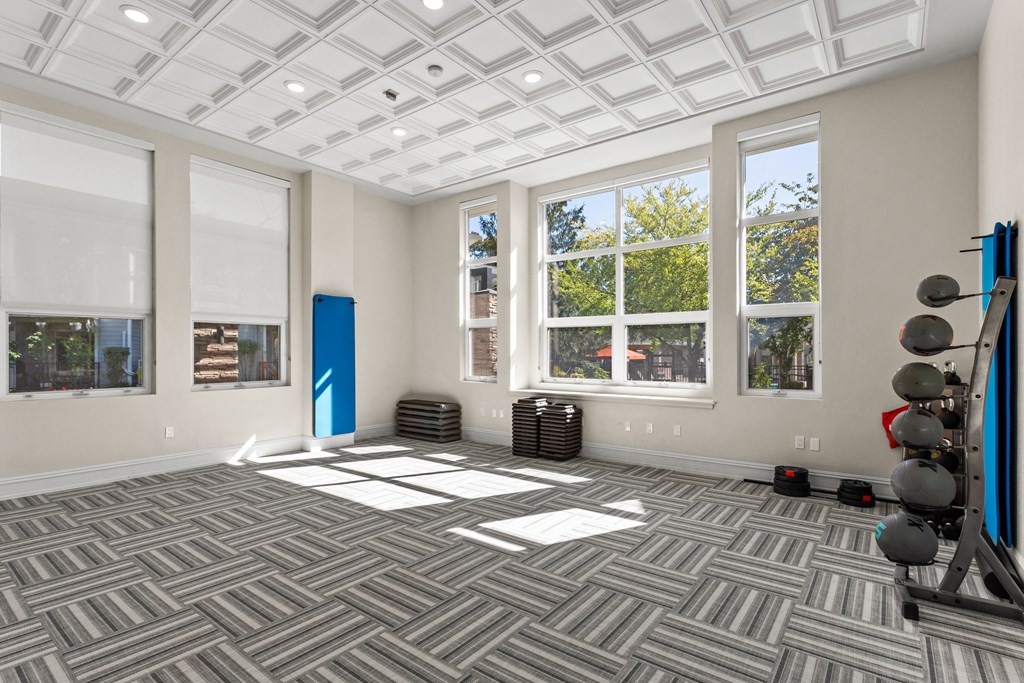 A spacious room with a patterned carpet and a blue exercise machine.